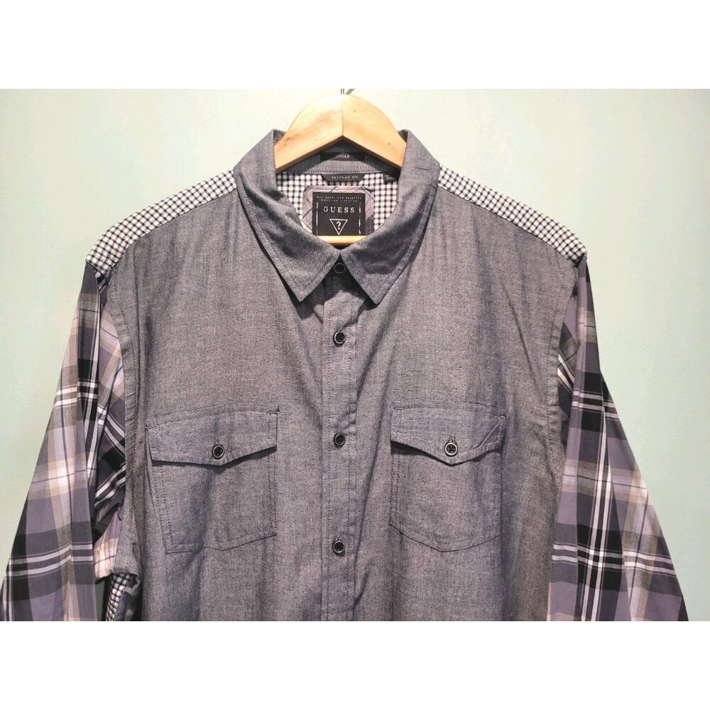 Mens Guess Logan Black Gray Multi Pattern Long Sleeve Button Up Shirt Pockets XL - Picture 2 of 4